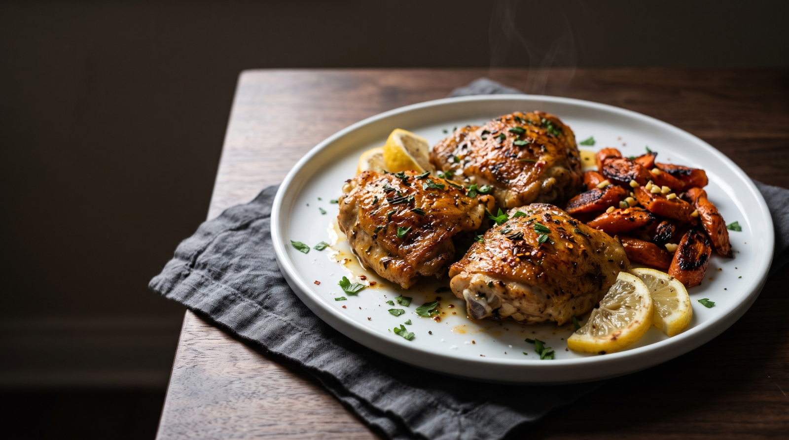 Lemon Herb Chicken Thighs with Roasted Carrots — Website hero 16:9
